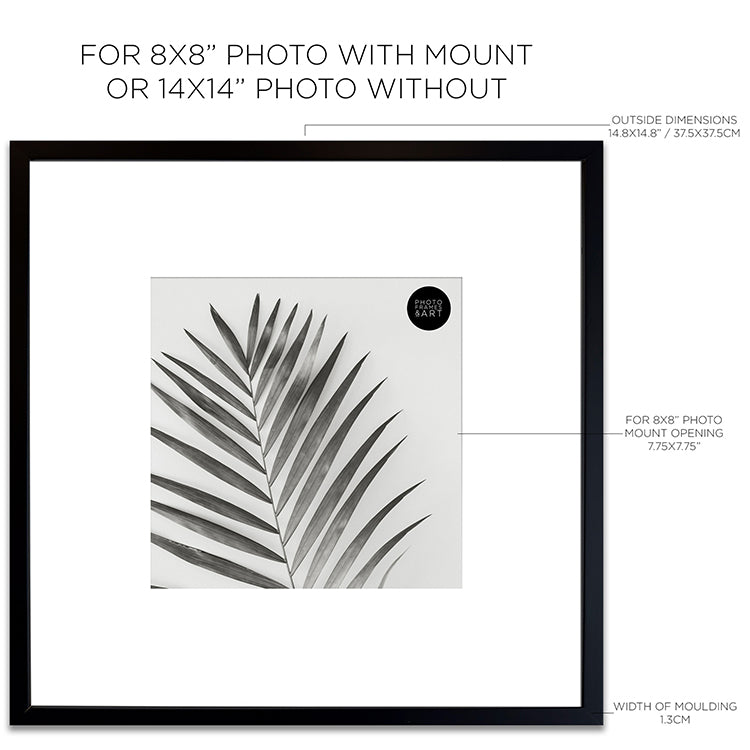 Dimensions of the Oversized Mount Wooden 14x14 Black Frame for 8x8 with a Photo of a Plant and PF&A Logo