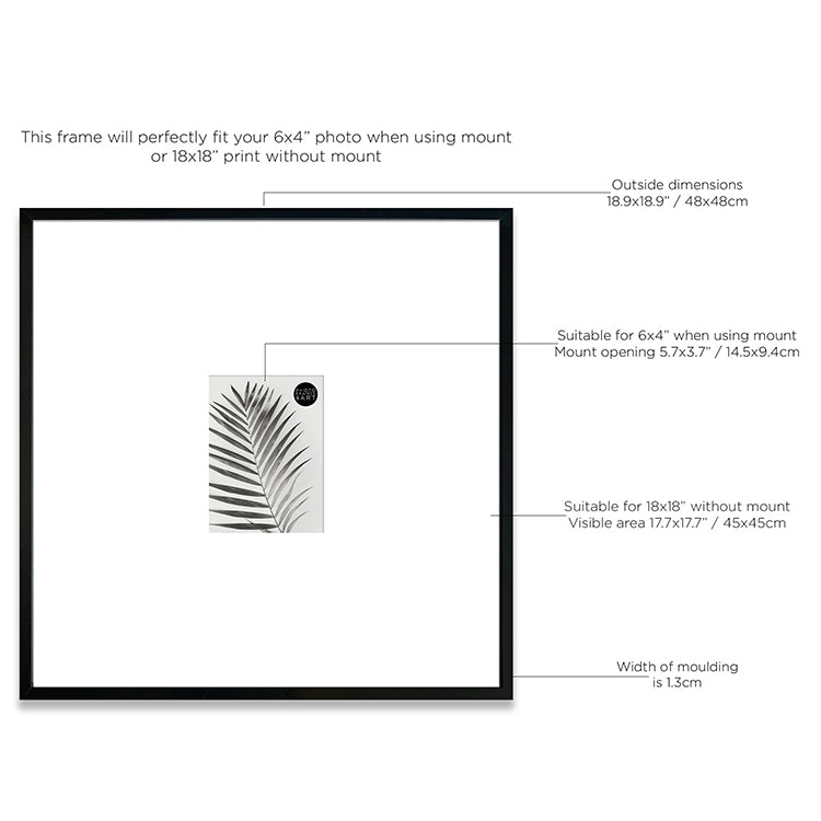 Dimensions of Oversized Mount Wooden 18x18 Black Frame for 6x4
