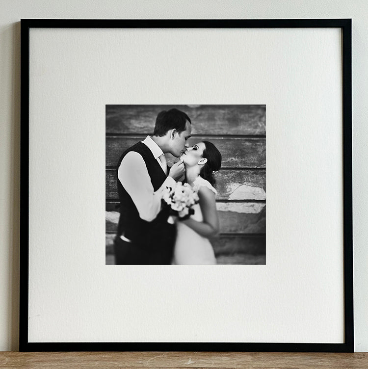 Oversized Mount Wooden 20x20 Black Frame for 10x10  with a Photo of a Couple on their Wedding Day 