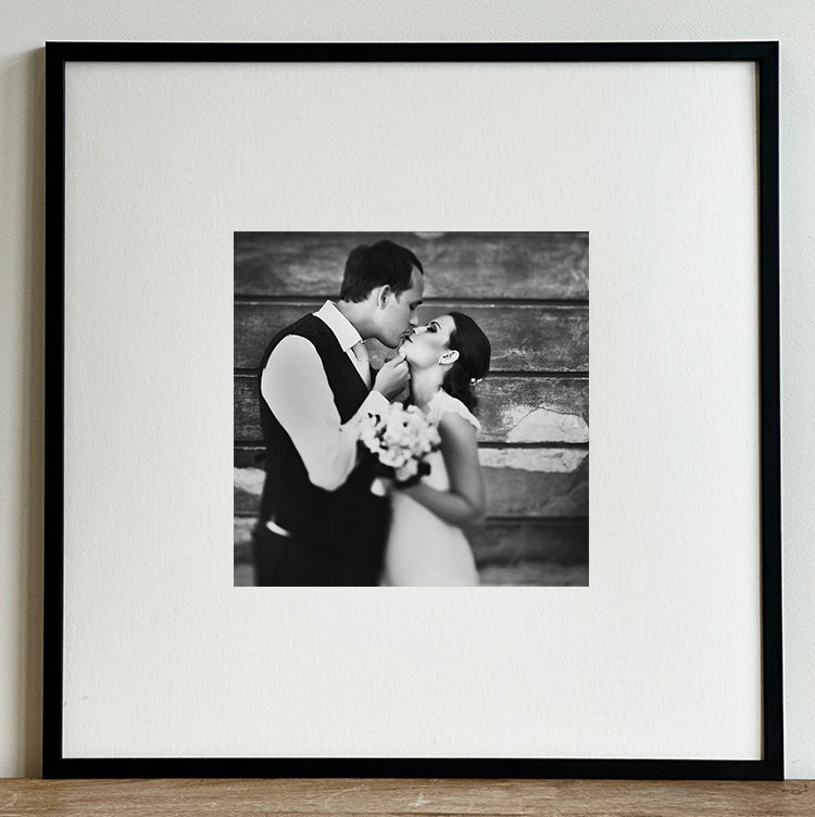 Oversized Mount Wooden 20x20 Black Frame for 10x10  with a Photo of a Couple on their Wedding Day