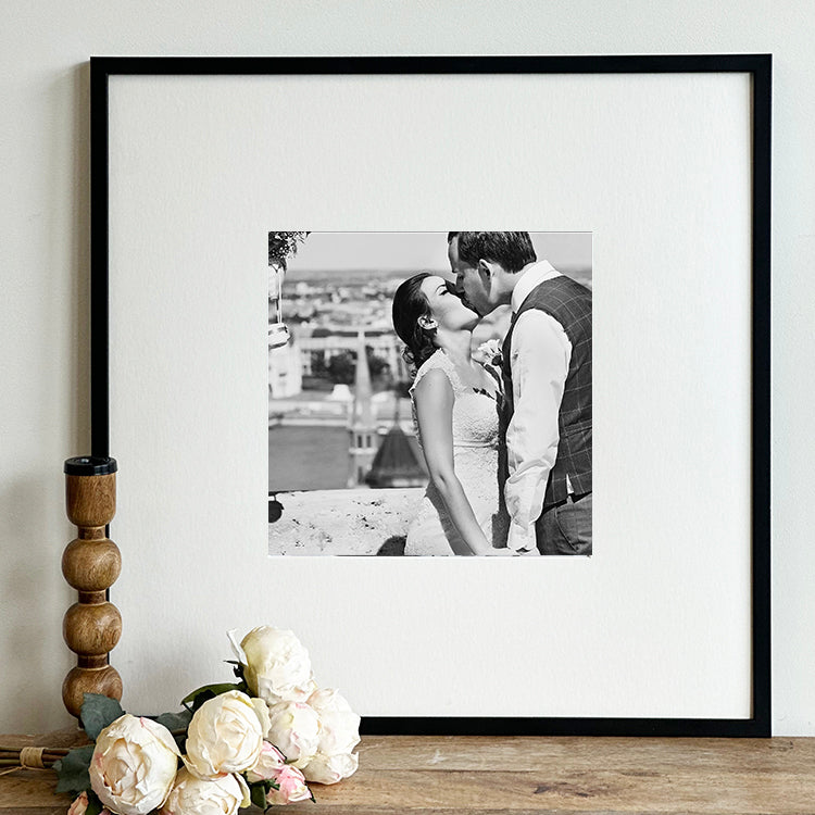 Oversized Mount Wooden 20x20 Black Frame for 10x10  with a Photo of a Couple on their Wedding Day 