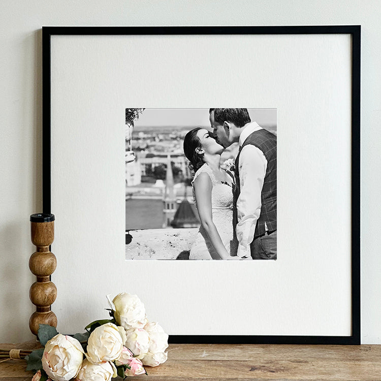 Oversized Mount Wooden 20x20 Black Frame for 10x10  with a Photo of a Couple on their Wedding Day