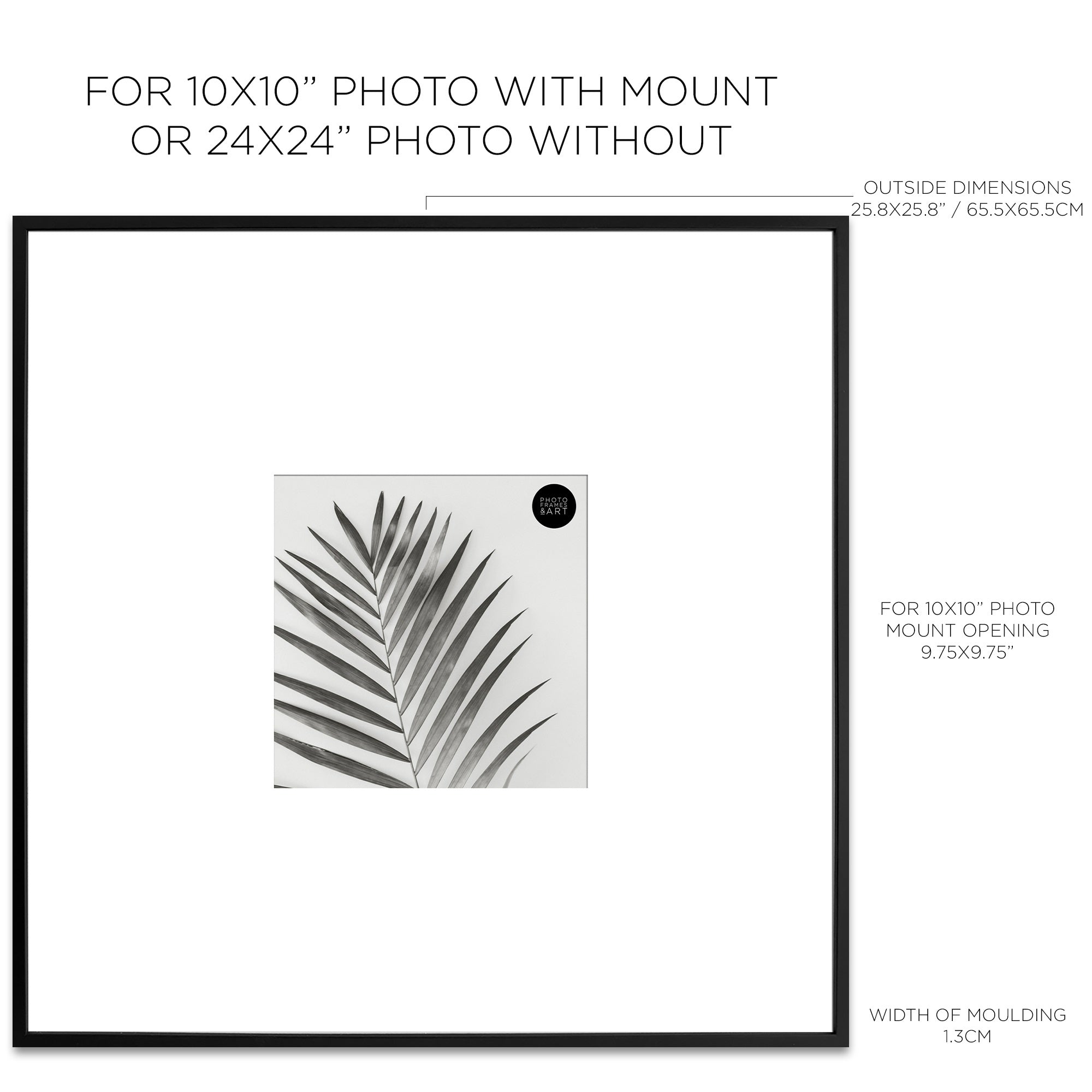 Dimensions of Oversized Mount Wooden 24x24 Black Frame for 10x10 with a photo of a plant and PF&A logo