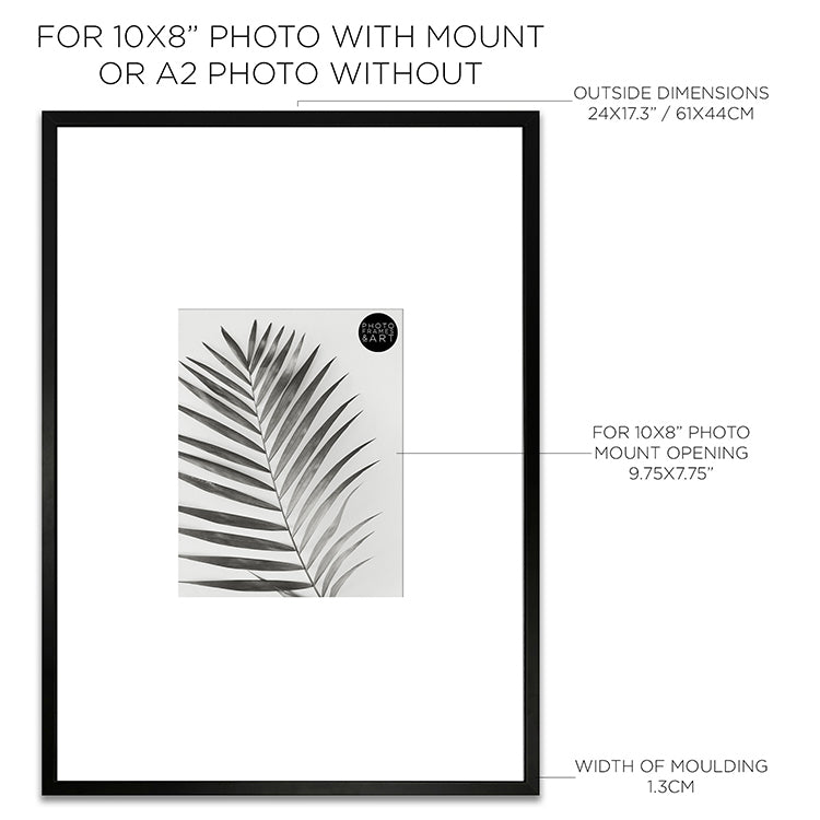 Dimensions of Oversized Mount Wooden A2 Black Frame for 10x8 with a Photo of a Plant and PF&A Logo 