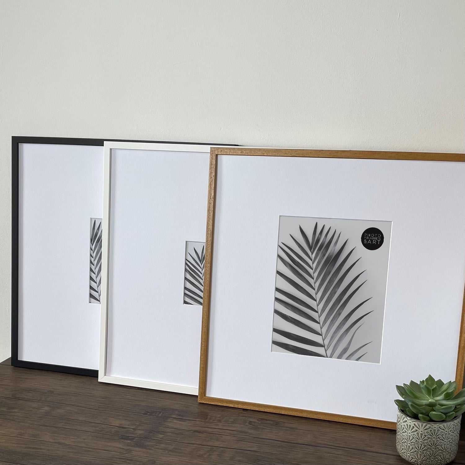 All Colours and Sizes of Oversized Mount Wooden 18x18 Black Frame for 7x5 with a Photo of a Plant and PF&A Logo