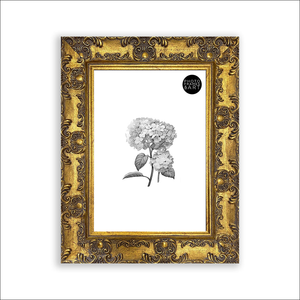 Gold A4 Antique Photo Frame with Glass and Photo of flower and PF&A Logo