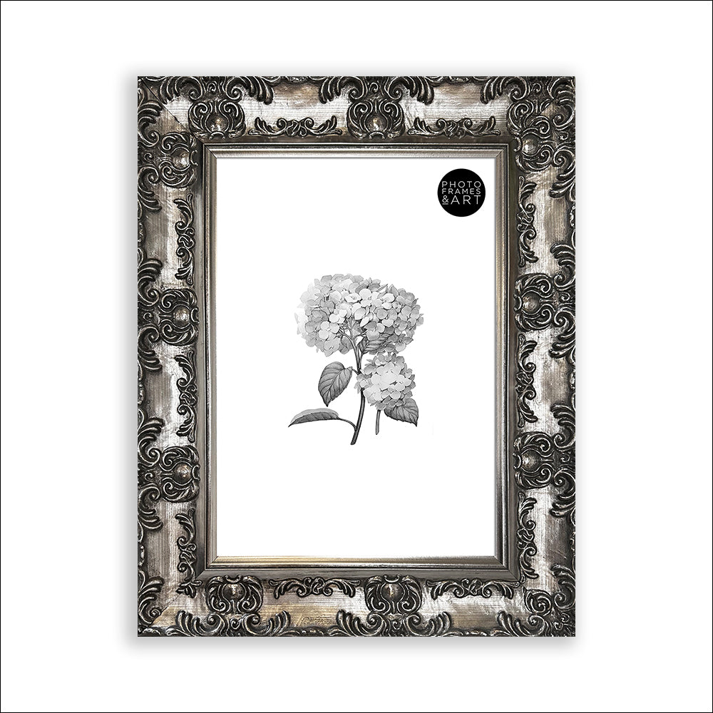 Gunmetal A4 Antique Photo Frame with Glass and Photo of Flower and PF&A Logo