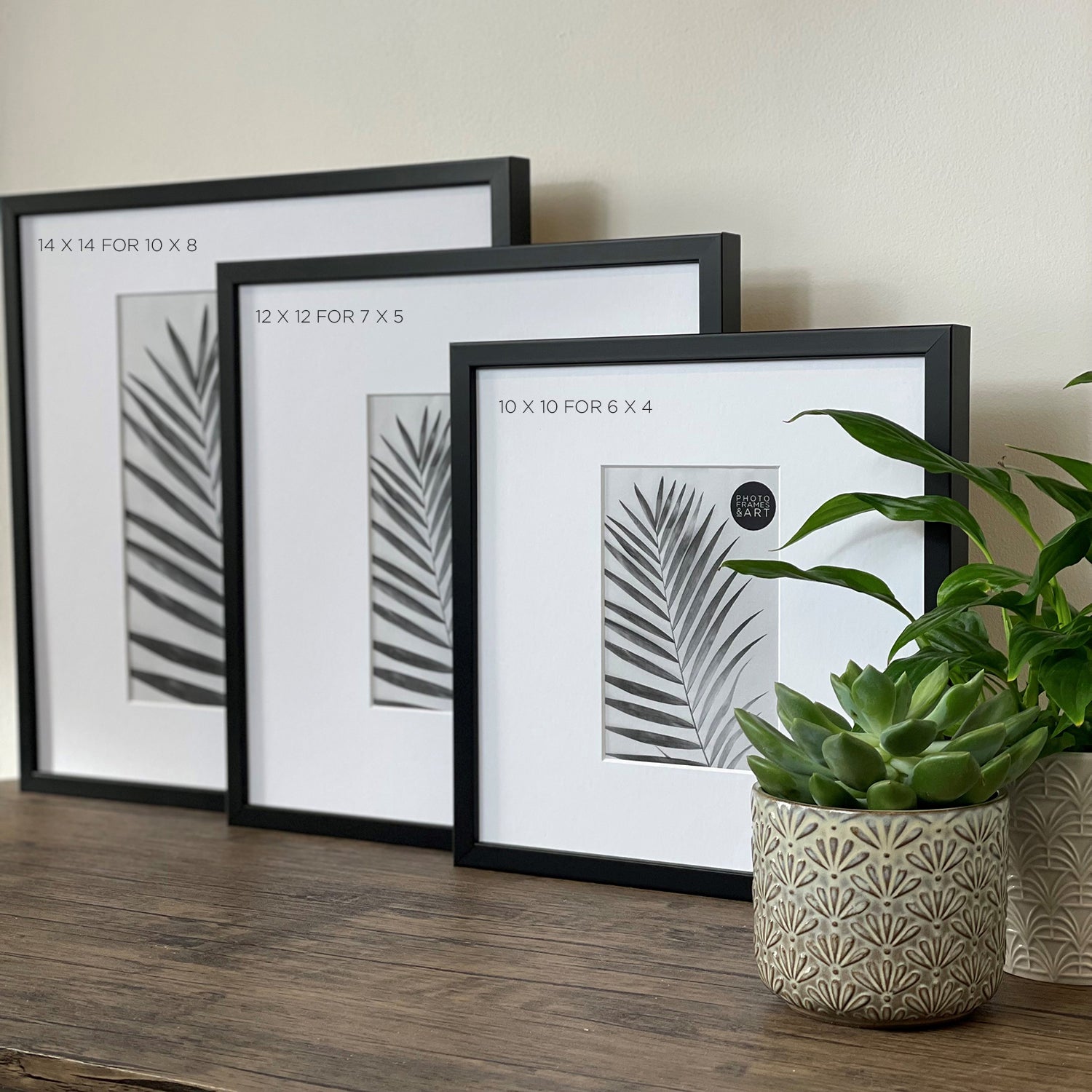 All Sizes of Oversized Mount Wooden 12x12 Black Frame for 7x5 with a Photo of a Plant and PF&A Logo