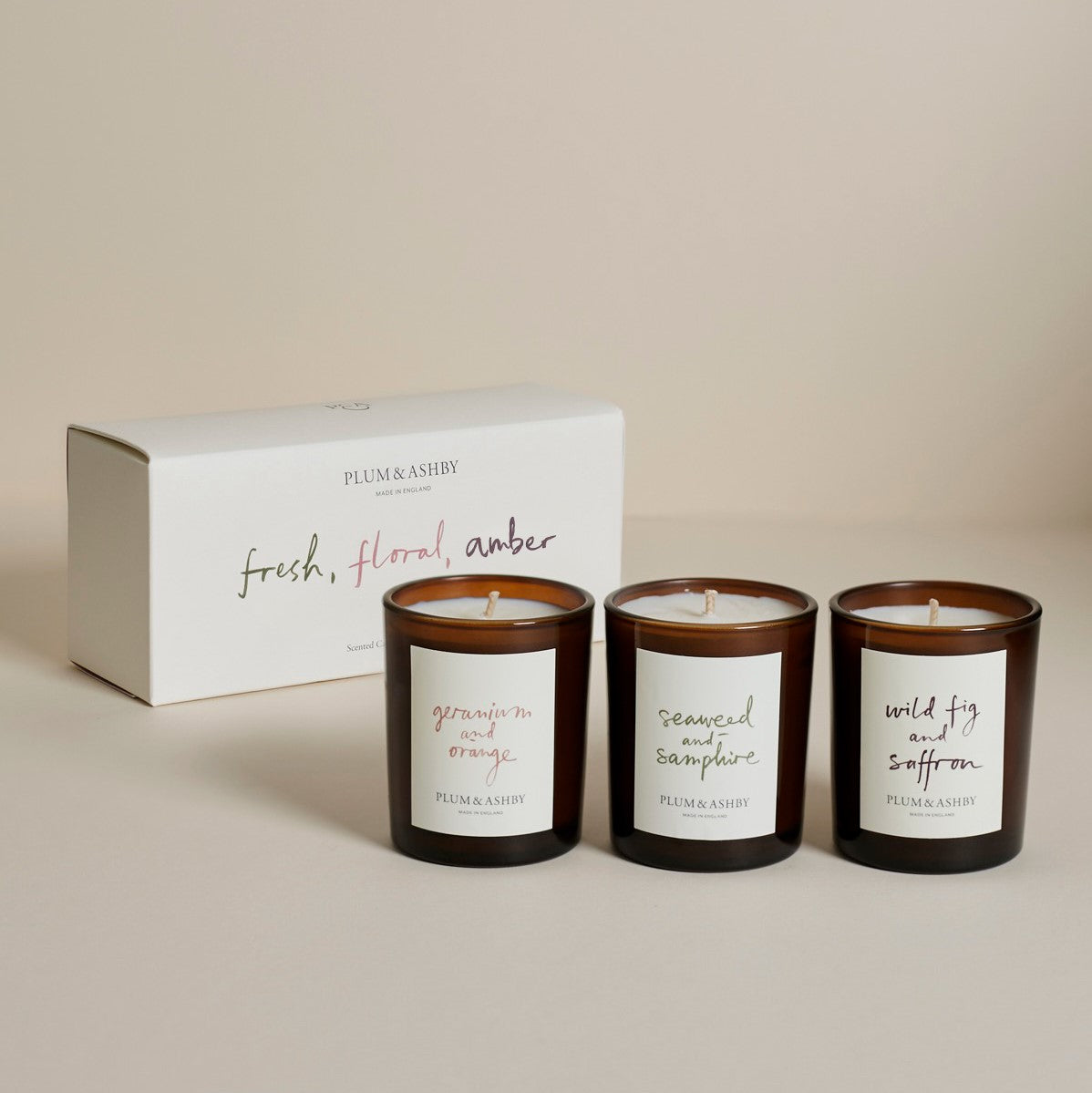 Plum & Ashby Fresh, Floral, Amber Votive candle Trio