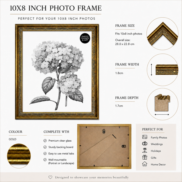 10x8" Traditional Antique Style Picture Frame | Gold