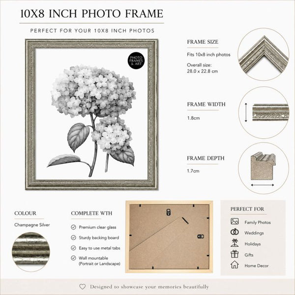 10x8" Traditional Antique Style Picture Frame | Champagne Silver
