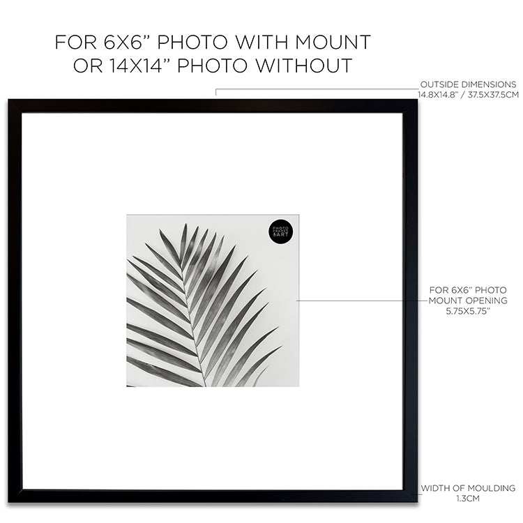 Dimensions of Oversized Mount Wooden 14x14 Black Frame for 6x6 with a Photo of a Plant and PF&A Logo 