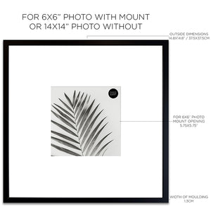Dimensions of Oversized Mount Wooden 14x14 Black Frame for 6x6 with a Photo of a Plant and PF&A Logo 