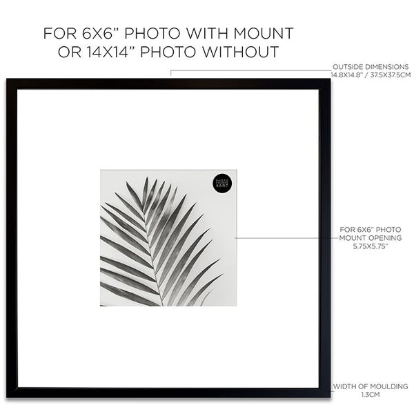Dimensions of Oversized Mount Wooden 14x14 Black Frame for 6x6 with a Photo of a Plant and PF&A Logo 
