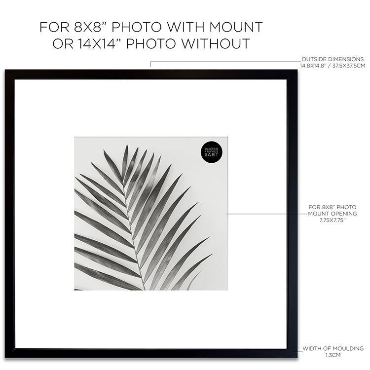 Dimensions of the Oversized Mount Wooden 14x14 Black Frame for 8x8 with a Photo of a Plant and PF&A Logo 