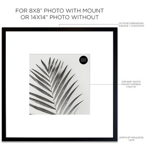 Dimensions of the Oversized Mount Wooden 14x14 Black Frame for 8x8 with a Photo of a Plant and PF&A Logo 