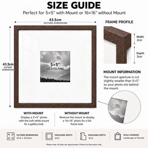 16x16" for 5x5" Wooden Walnut Effect Photo Frame | Hartland Collection
