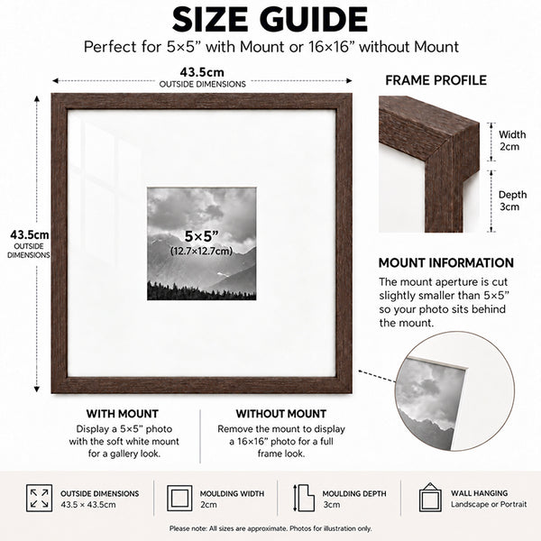 16x16" for 5x5" Wooden Walnut Effect Photo Frame | Hartland Collection
