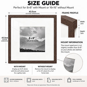 16x16" for 8x8" Wooden Walnut Effect Photo Frame | Hartland Collection