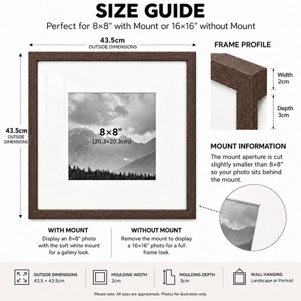 16x16" for 8x8" Wooden Walnut Effect Photo Frame | Hartland Collection