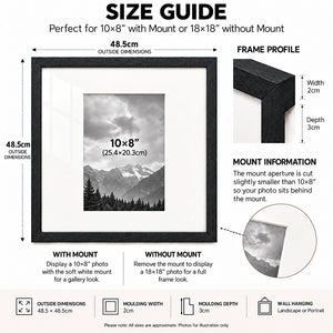 18x18" for 10x8" Wooden Black Photo Frame | Hartland Collection