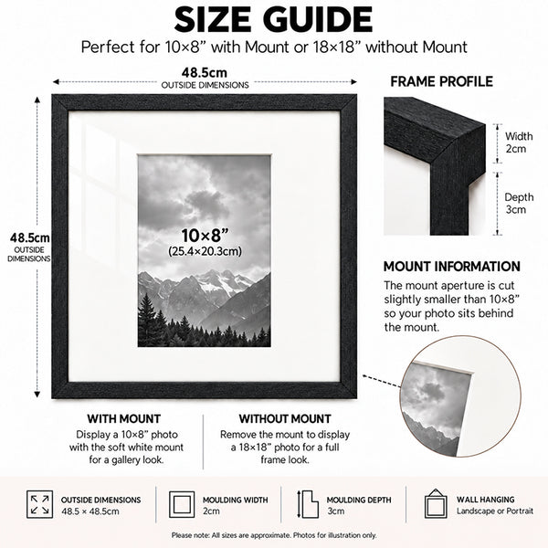 18x18" for 10x8" Wooden Black Photo Frame | Hartland Collection