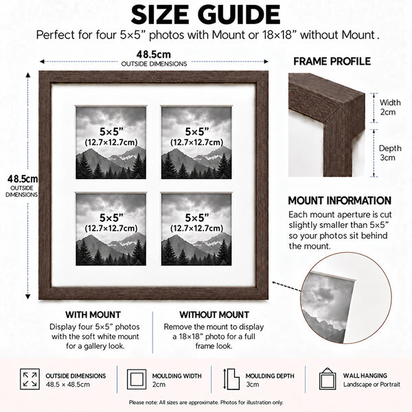 18x18" for Multi 5x5" Wooden Walnut Effect Photo Frame | Hartland Collection