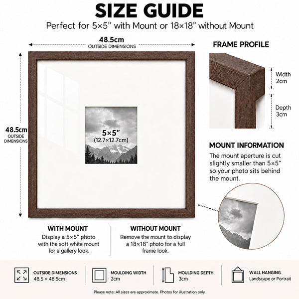 18x18" for 5x5" Wooden Walnut Effect Photo Frame | Hartland Collection