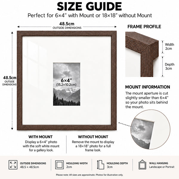 18x18" for 6x4" Wooden Walnut Effect Photo Frame | Hartland Collection