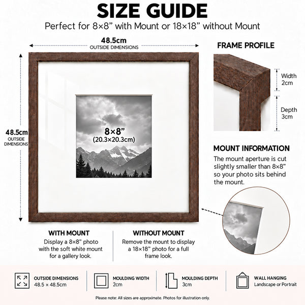 18x18" for 8X8" Wooden Walnut Effect Photo Frame | Hartland Collection