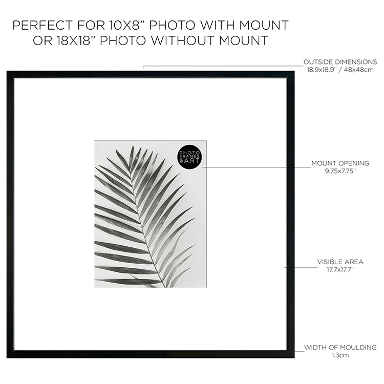 Dimensions of Oversized Mount Wooden 18x18 Black Frame for 10x8 with a Photo of a Plant and PF&A Logo