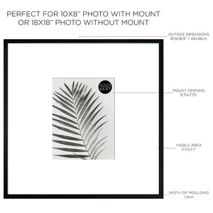 Dimensions of Oversized Mount Wooden 18x18 Black Frame for 10x8 with a Photo of a Plant and PF&A Logo