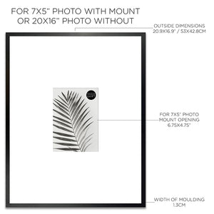 Dimensions of Oversized Mount Wooden 20x16 Black Frame for 7x5 with a Photo of a Plant and PF&A logo