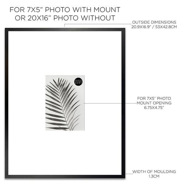 Dimensions of Oversized Mount Wooden 20x16 Black Frame for 7x5 with a Photo of a Plant and PF&A logo