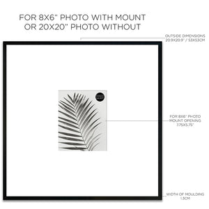 Dimensions of Oversized Mount Wooden 20x20 Black Frame for 8x6 with a Photo of a Plant and PF&A Logo 