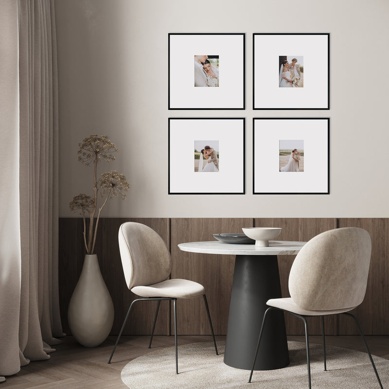 Mood Shot of Oversized Mount Wooden 20x20 Black Frame for 8x6 with photos of a couple on their wedding day