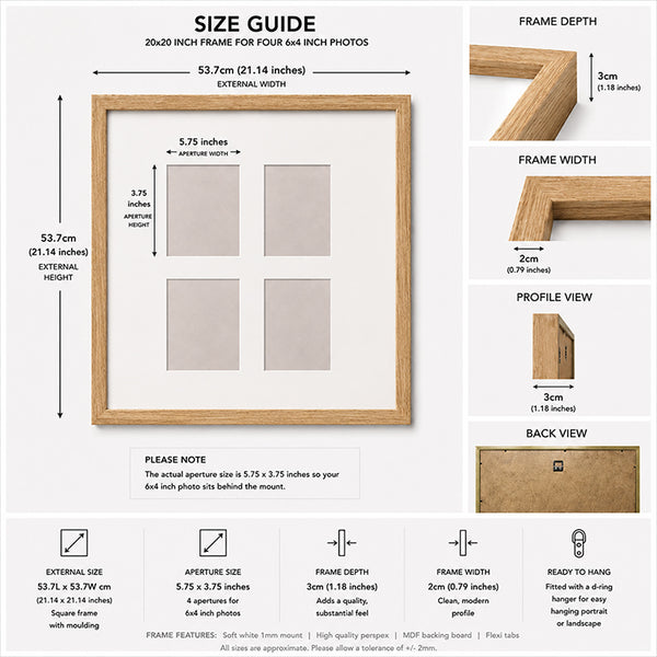 20x20" for 6x4" Multi Wooden Oak Effect Photo Frame | Hartland Collection