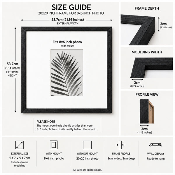 20x20" for 8X6" Wooden Black Photo Frame | Hartland Collection