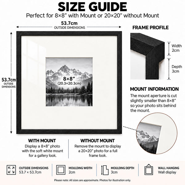 20x20" for 8x8" Wooden Black Photo Frame | Hartland Collection