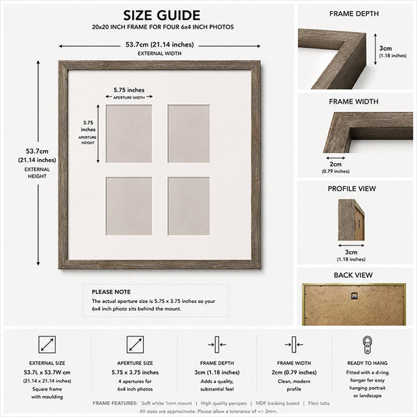 20x20" for 6x4" Multi Wooden Washed Walnut Effect Photo Frame | Hartland Collection