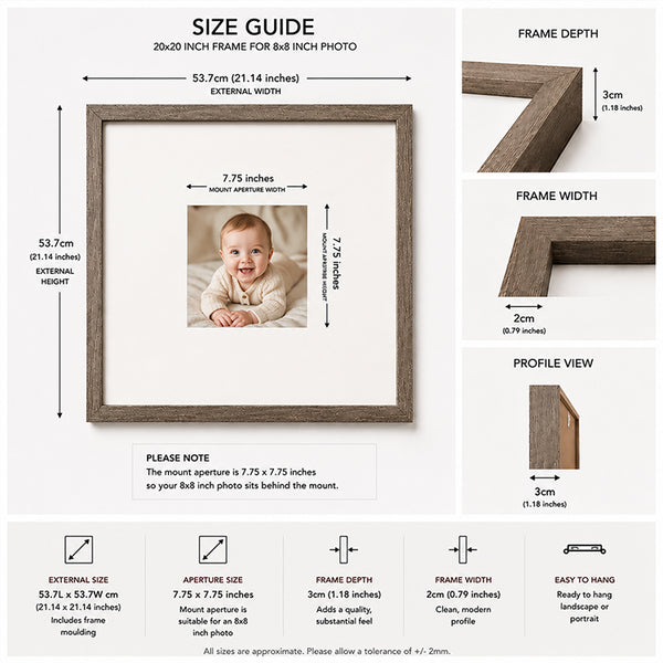 20x20" for 8x8" Wooden Washed Walnut Effect Photo Frame | Hartland Collection