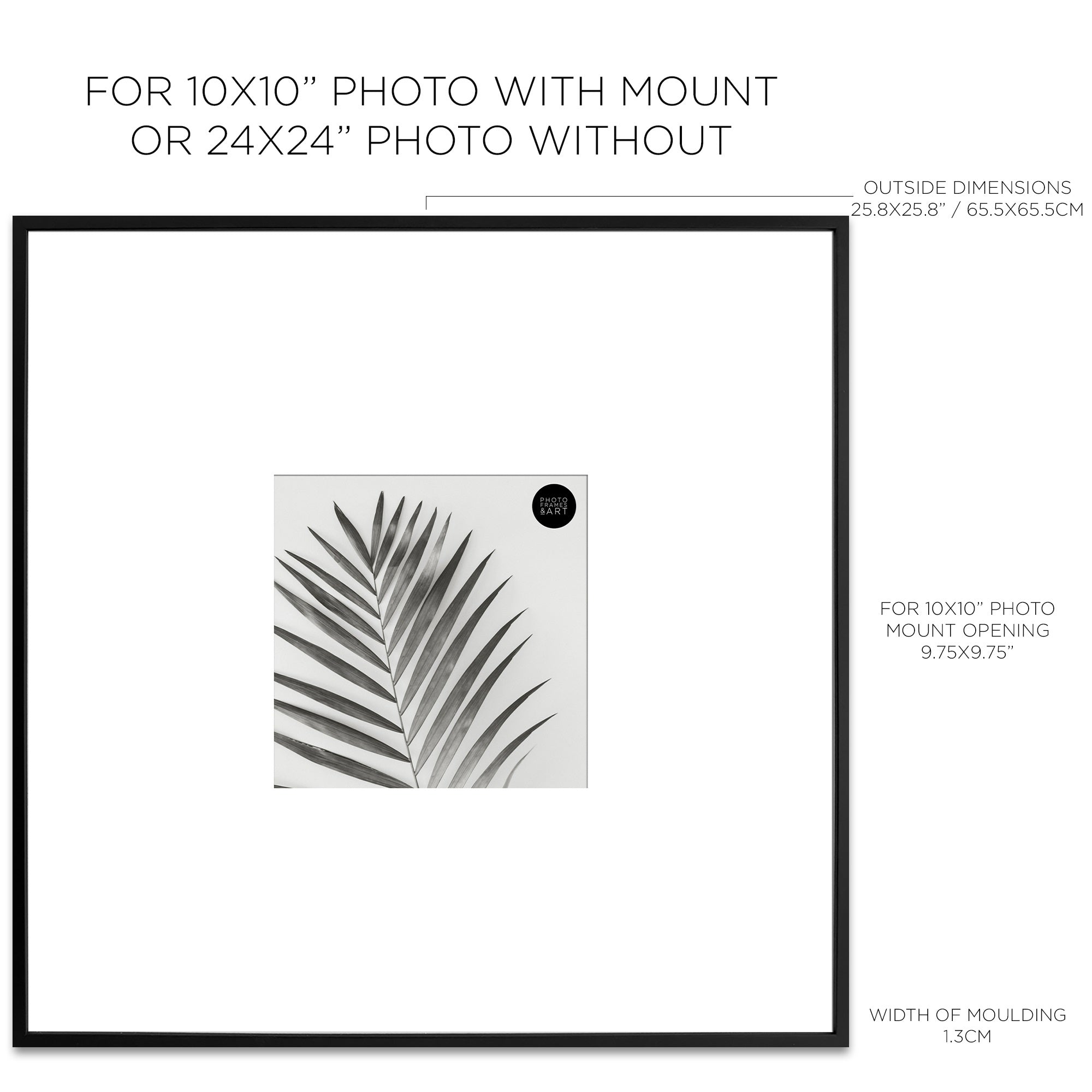 Dimensions of Oversized Mount Wooden 24x24 Black Frame for 10x10 with a photo of a plant and PF&A logo 