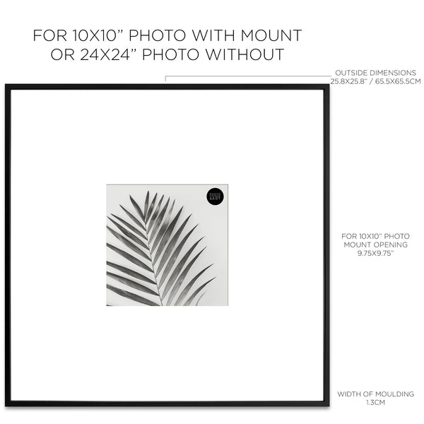 Dimensions of Oversized Mount Wooden 24x24 Black Frame for 10x10 with a photo of a plant and PF&A logo 