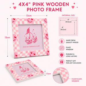 4x4" Pink Checkerboard Wooden Photo Frame with Glass | Cute Heart Smiley Picture Frame