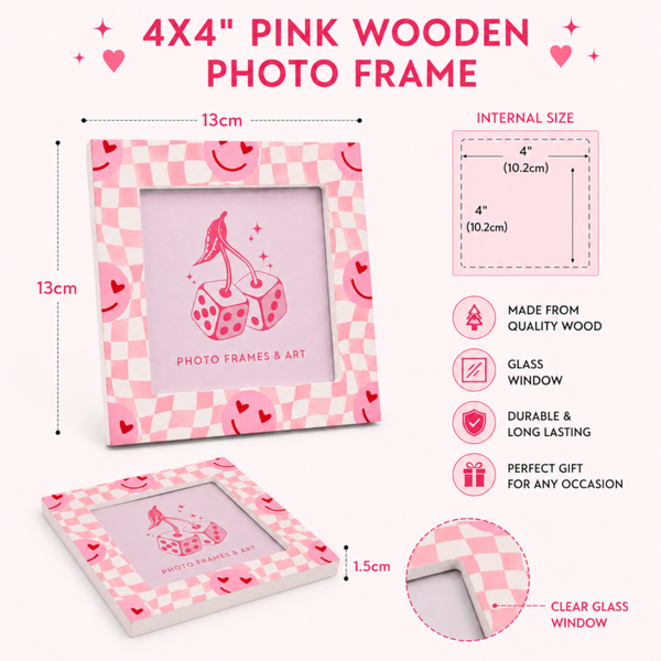 4x4" Pink Checkerboard Wooden Photo Frame with Glass | Cute Heart Smiley Picture Frame