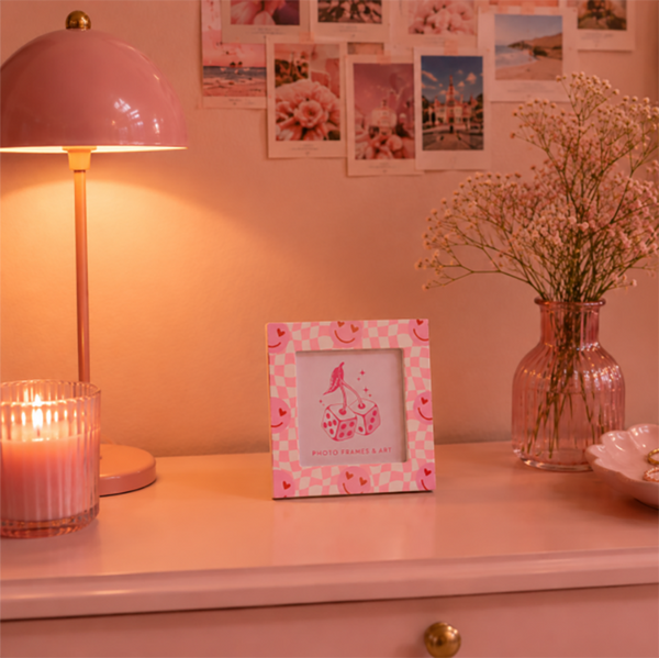 4x4" Pink Checkerboard Wooden Photo Frame with Glass | Cute Heart Smiley Picture Frame