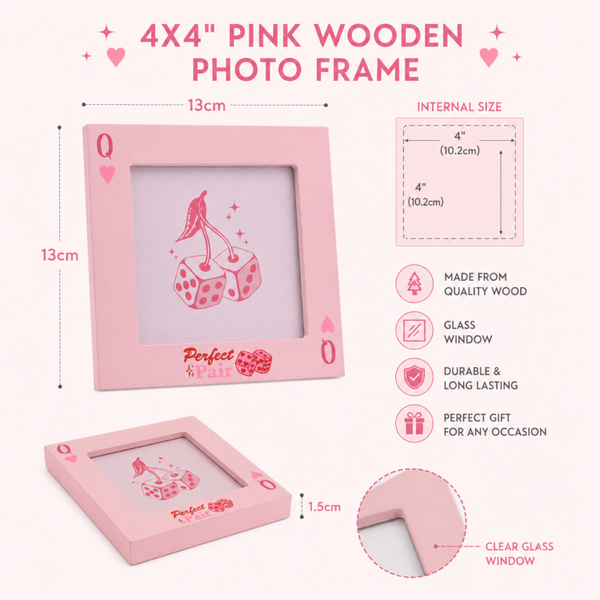 4x4" Perfect Pair Wooden Photo Frame with Glass | Pink Dice Picture Frame