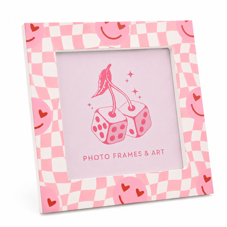 4x4" Pink Checkerboard Wooden Photo Frame with Glass | Cute Heart Smiley Picture Frame