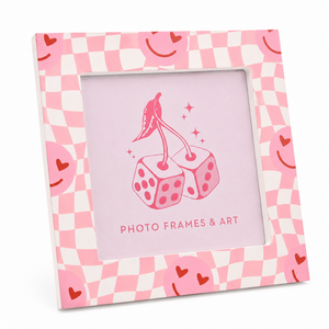 4x4" Pink Checkerboard Wooden Photo Frame with Glass | Cute Heart Smiley Picture Frame