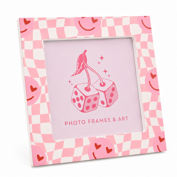 4x4" Pink Checkerboard Wooden Photo Frame with Glass | Cute Heart Smiley Picture Frame